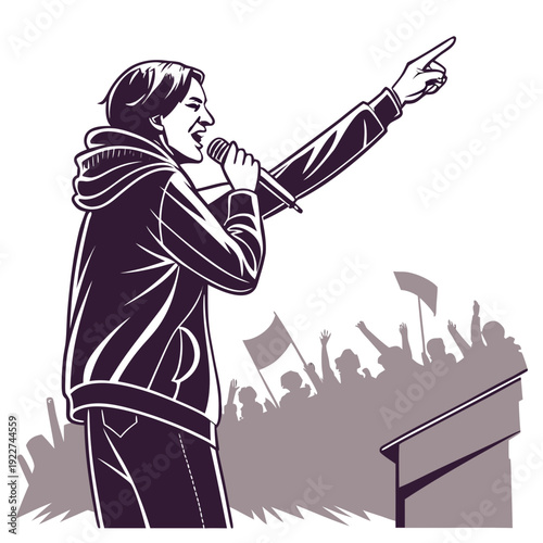 A woman speaks at a podium with a crowd in the background