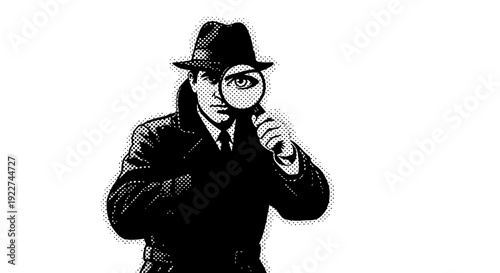 Detective examining evidence with magnifying glass illustration.