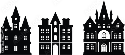 Haunted house silhouettes set with spooky gothic mansions castles and eerie buildings isolated for halloween horror theme illustration and design