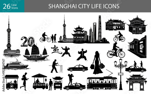Shanghai City Life Icons – China Skyline, Oriental Pearl Tower and Urban Culture Silhouette Set