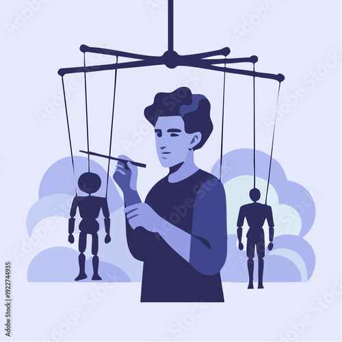 a surreal atmosphere that evokes themes of influence, control, power dynamics; central figure holds a control bar with strings attached to two suspended puppets, their limbs hanging as they move under
