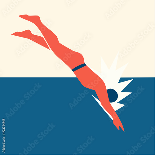 stylized diver plunges headfirst into a block of blue water, arms extended and body streamlined;  clean shapes, bold colors, and sharp splash effect capture a moment of motion; striking simplicity