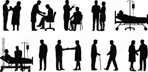 Healthcare silhouettes set with doctor patient interaction, hospital treatment scenes, elderly care support, medical consultation and recovery concept isolated vector illustration