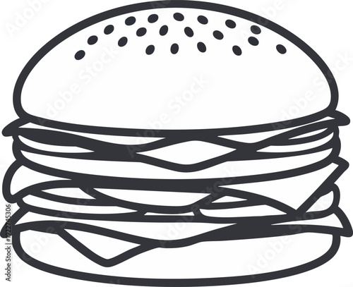 Simple black and white line art illustration of a big hamburger. This hand-drawn cheeseburger icon has multiple layers and a sesame seed bun