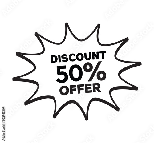 Discount fifty percent off offer badge  sale promotion label  special deal announcement  discount symbol