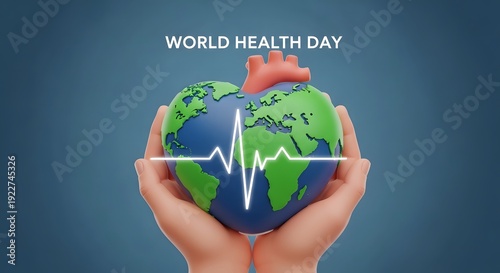 Hands holding a vibrant Earth shaped like a heart with a pulsating heartbeat line, representing global health awareness and the importance of a healthy planet for World Health Day.