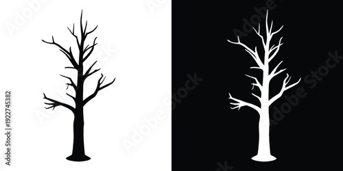Dead tree branch silhouette vector, dry tree trunk black silhouette vector illustration