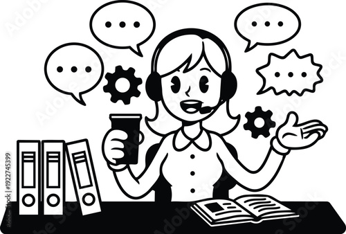 Line art vector customer service agent wearing headset holding coffee cup gesturing at open book and office binders speech bubbles