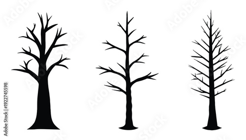 Dead tree branch silhouette vector, dry tree trunk black silhouette vector illustration