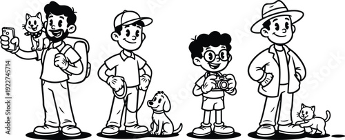 Retro cartoon style front view group of four people with dogs and cats taking photos and selfies smiling cheerful