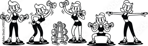 Retro cartoon 90s five gym women performing dumbbell exercises in sequence front view with high contrast energetic poses