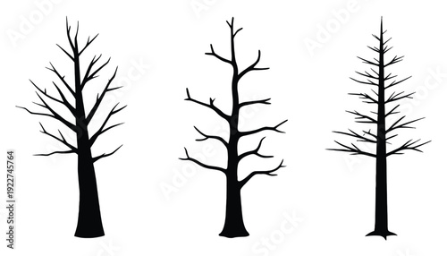 Dead tree branch silhouette vector, dry tree trunk black silhouette vector illustration
