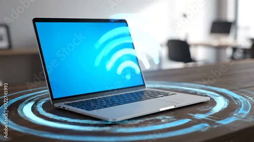 Laptop with Wi-Fi signal on screen.
