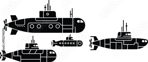Flat design side view black submarine silhouettes grouped in formation on white background minimalist nautical graphic clean vector art illustration