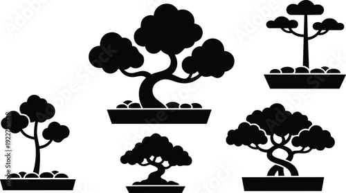 Minimalist black silhouette bonsai tree set five styles close up varied trunks branches in shallow trays serene composition isolated vector