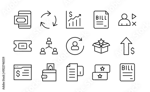 Billing and Subscription Services Line Icon Set. Billing, invoice, receipt, bill, payment, membership, subscription plan, digital payment, icons vector illustration. Editable pixel-perfect stroke icon