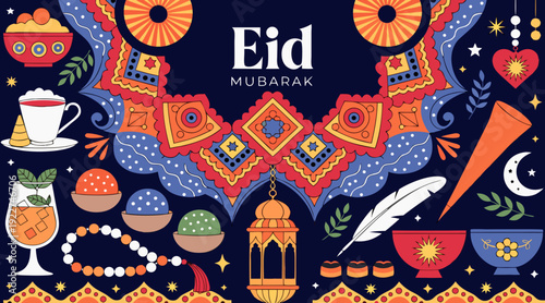 Eid Mubarak colorful luxury Islamic background with decorative ornament, eid Mubarak social media post design.  HD 8K wallpaper Photographic Image .vector icon