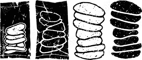 abstract textured black and white vertical rectangular shapes with layered rounded forms