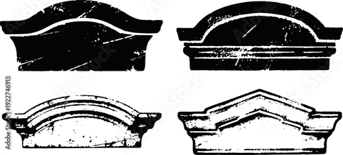 Set of four vintage architectural pediments, ornamental building elements in black silhouette