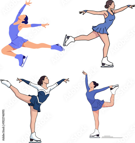 Collection of Female figure skaters performing professional ice skating routines