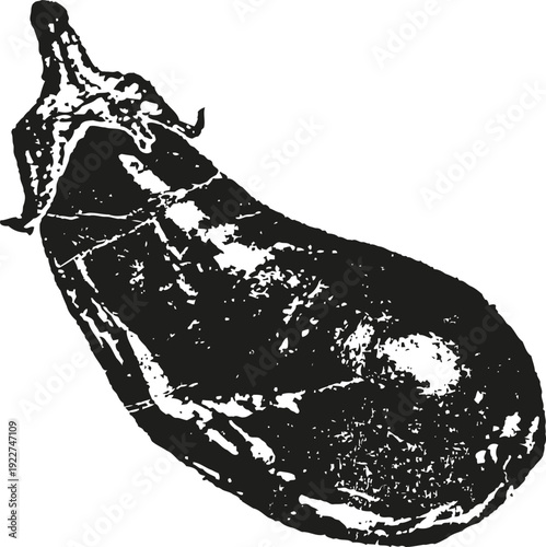 Hand drawn eggplant illustration with textured shading and detailed stem on white background