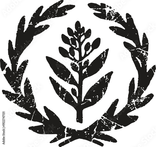 grunge laurel wreath with branch and leaves emblem, vintage botanical circular design