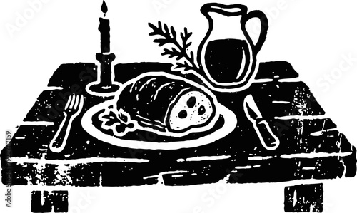 Rustic wooden table with loaf of bread, candle, fork, knife, and pitcher of liquid