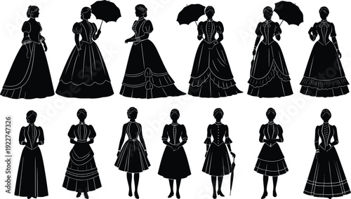 WebVictorian women silhouette collection, vintage dress fashion figures with umbrella, historical 19th century lady gown vector illustration set