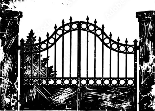 Vintage wrought iron garden gate in black silhouette with decorative spearhead finials and stone pillars