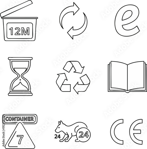 A collection of various packaging and product symbols. Black outline icons on a white background. Includes hourglass, recycling, book, and CE mark