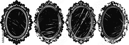 Set of four vintage grunge oval mirrors with ornate decorative frames and distressed glass surfaces