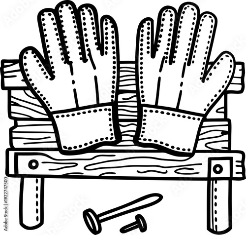 gardening gloves resting on wooden bench with nails, outdoor diy and planting tools