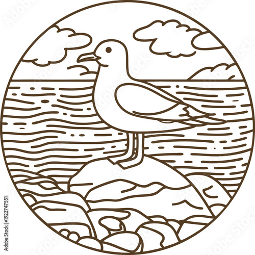 Seagull standing on rocky shore by the sea with clouds and waves in a circular frame