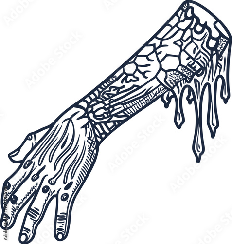 Detailed zombie arm with exposed bones and melting skin illustration, horror anatomy graphic design