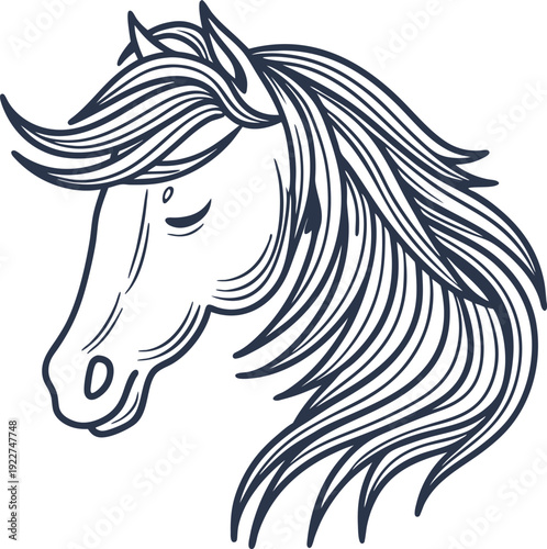 Elegant horse head sketch with flowing mane, calm expression, and detailed line art illustration