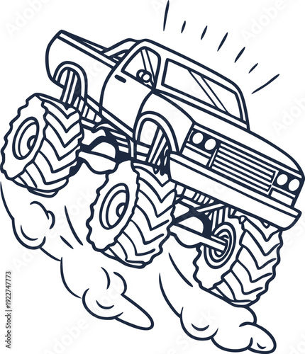 Monster truck jumping with smoke clouds off road vehicle drawing outline, extreme sports concept