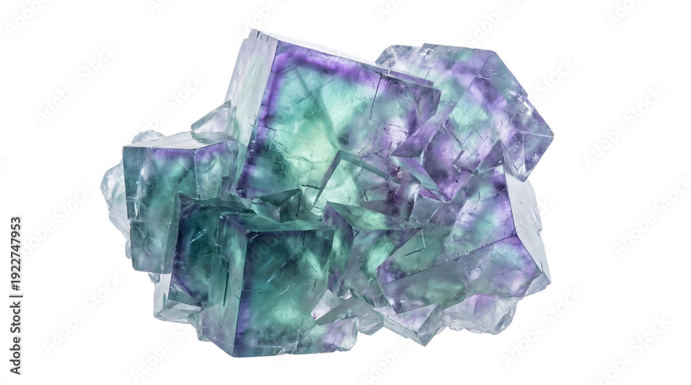 Fototapeta premium Glowing cubic fluorite crystal cluster with teal and violet gradients, visualizing modern geometric mineral structures for scientific research and abstract digital art concepts.