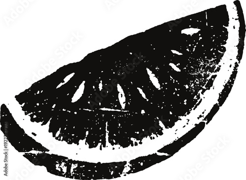 Black and white illustration of a fresh citrus orange wedge with visible segments and textured peel