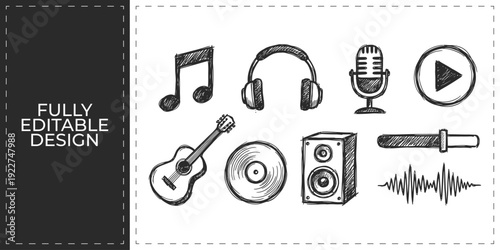 Hand Drawn Music and Audio Doodle Icon Vector Set