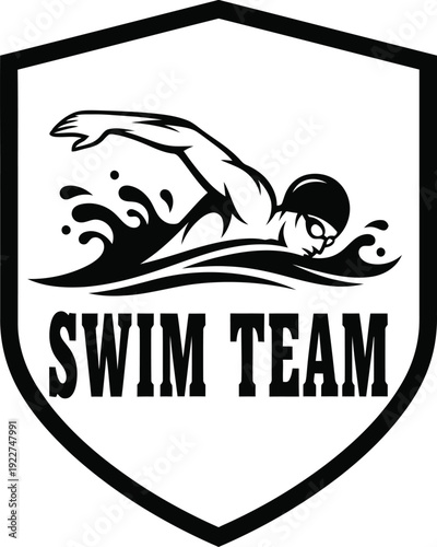 Swim team logo featuring a diver in a shield emblem with bold typography.
