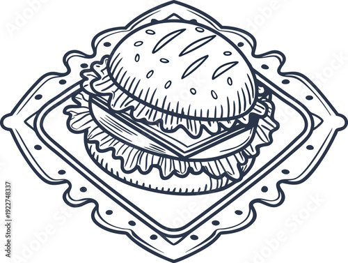 Hand drawn cheeseburger with lettuce and tomato on decorative plate classic fast food sandwich illustration