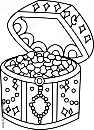 Open treasure chest filled with gems and jewels, decorative antique jewelry box with intricate design