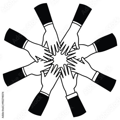 Unity and teamwork represented by a circle of diverse hands clasped together, symbolizing collaboration and connection in black and white.