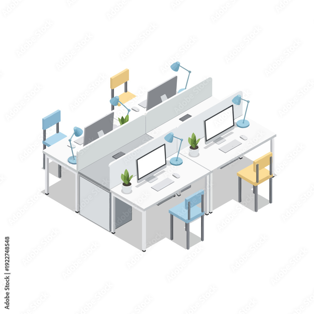Fototapeta premium Modern Office Workstation Setup with Computers and Chairs.