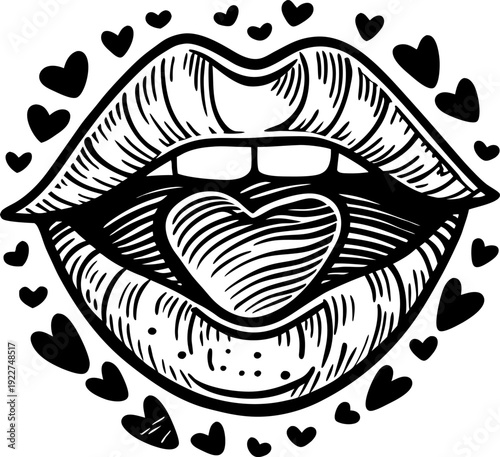 lips with heart shaped tongue surrounded by heart icons, love and romance illustration