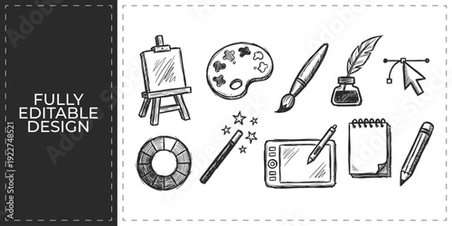 Hand Drawn Art and Design Tool Doodle Icon Set