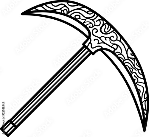Decorative curved blade scythe with intricate tribal pattern on handle and blade