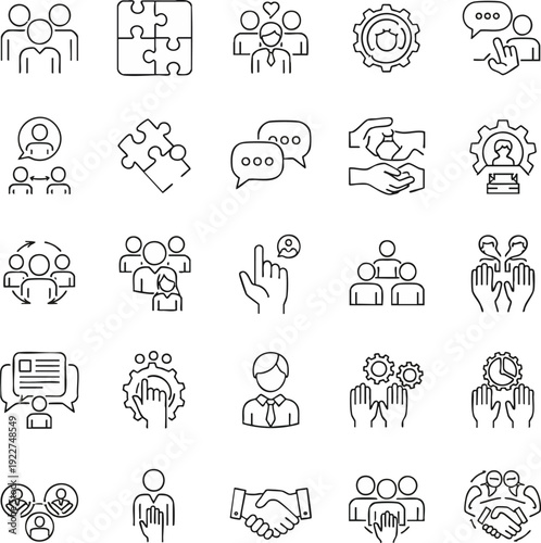 Collection of business and teamwork outline icons representing concepts of collaboration, human resources, management, strategy, and consulting, suitable for website and presentations