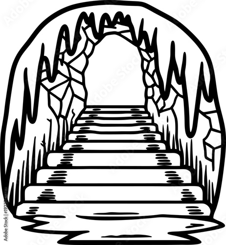 Stone staircase leading inside a cave tunnel with jagged stalactites and uneven rocky walls