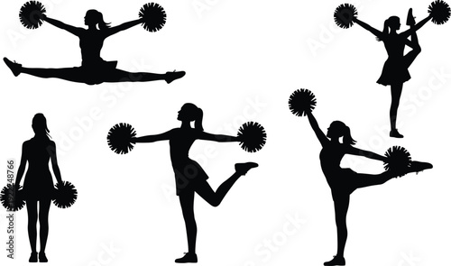 Cheerleader silhouette collection with pom poms performing jumps and dance poses isolated on white background, cheerleading sport and team spirit illustration set